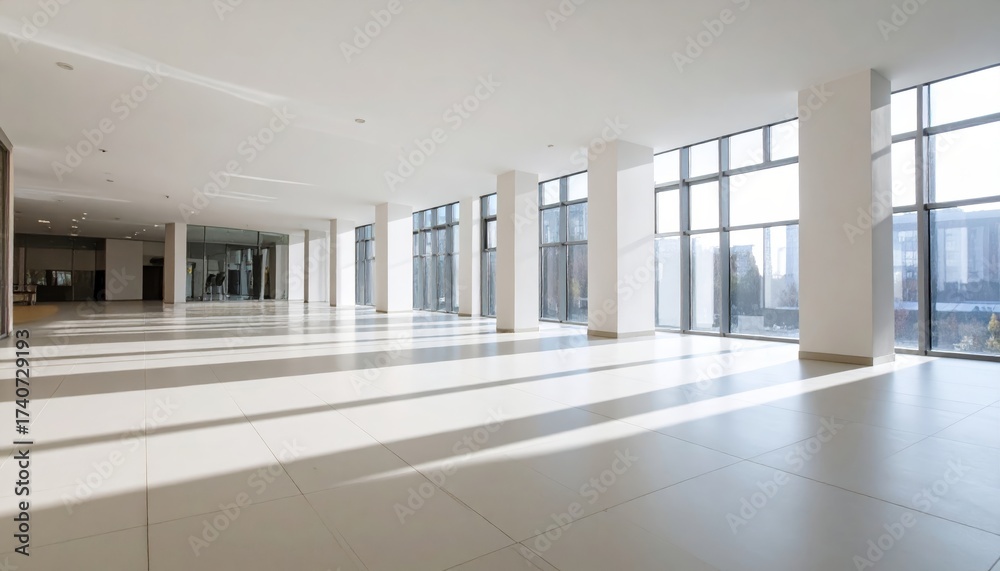 Fototapeta premium Modern architectural interior with clean white walls, tiled floor, glass facade