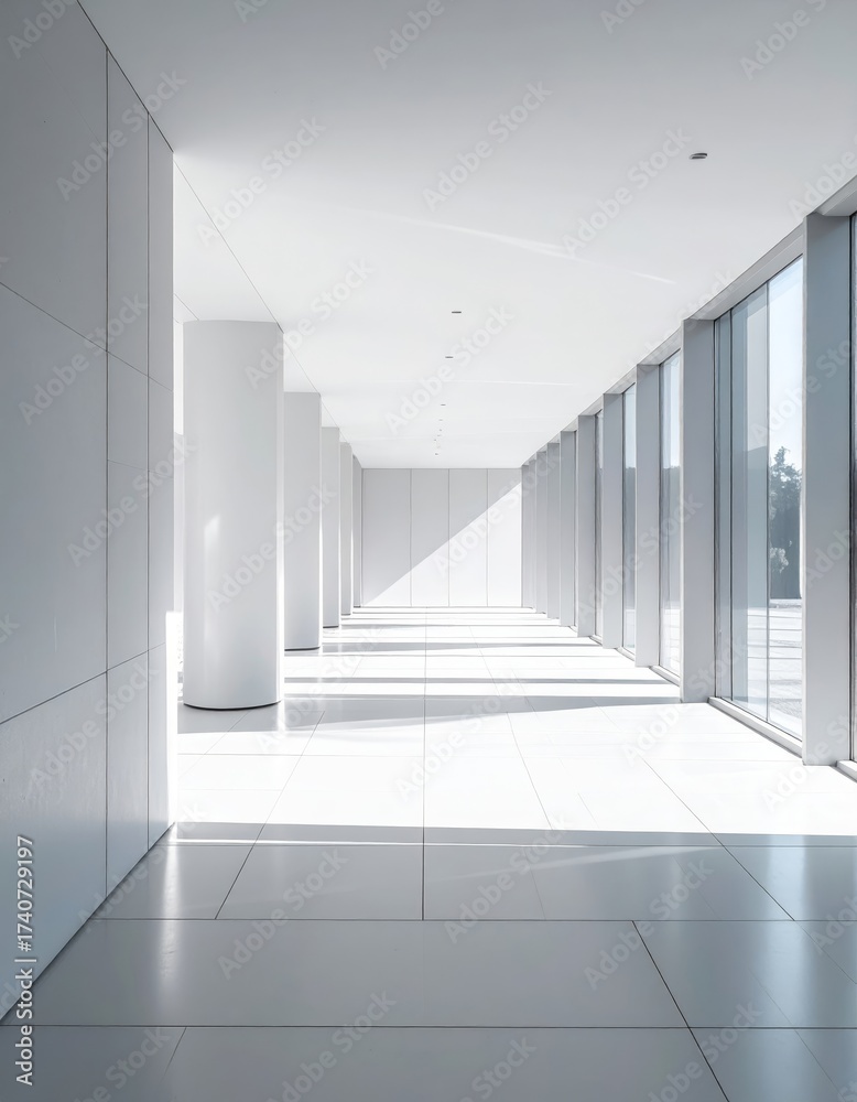 Obraz premium Modern architectural interior with clean white walls, tiled floor, glass facade