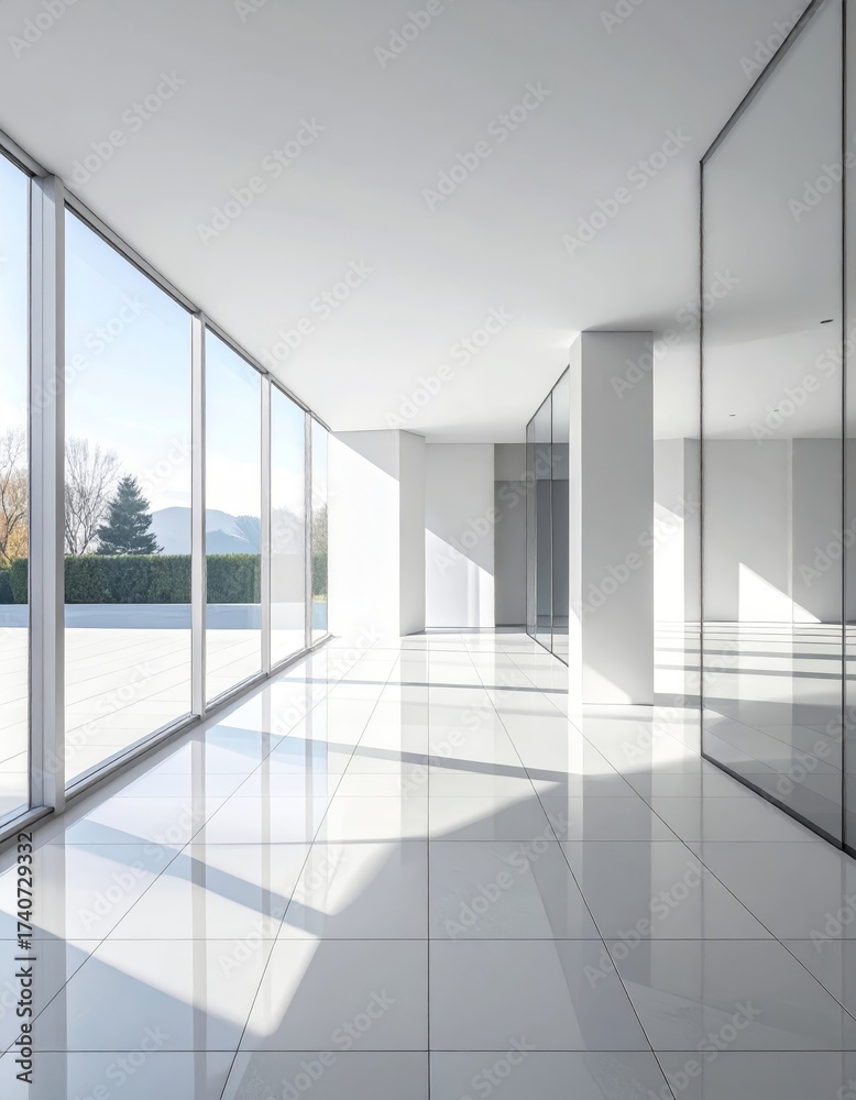 Fototapeta premium Modern architectural interior with clean white walls, tiled floor, glass facade