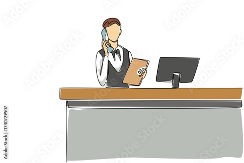 Continuous one line drawing a female receptionist stands holding a telephone receiver and a clipboard. Explaining over the phone. Info. Receptionist Day. Single line draw design vector illustration