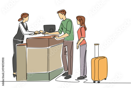 Single one line drawing a female receptionist is giving cards to a husband and wife visitor. Access card to enter the magnificent room. Receptionist Day. Continuous line design graphic illustration