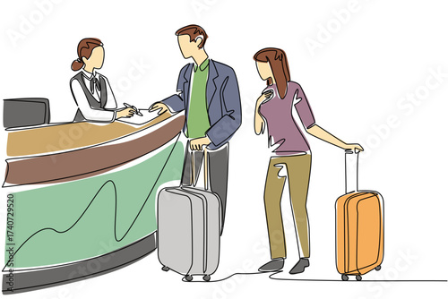 Single continuous line drawing a female receptionist is giving information to a husband and wife carrying suitcases. Provides room price info. Receptionist Day. One line design vector illustration