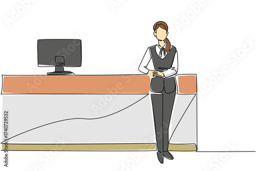 Single continuous line drawing a female receptionist crossed her arms and leaned against a long table. Relaxing after many guests visit. Staff. Receptionist Day. One line design vector illustration