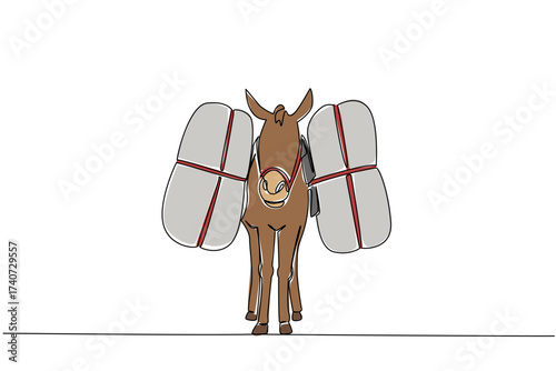 Single one line drawing donkey carrying stuff. Helping to carry stuff while climbing. Benefit for many people. Possible skills for hire. World Donkey Day. Continuous line design graphic illustration