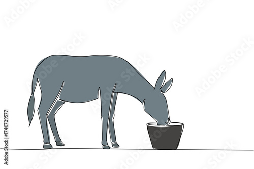 Single one line drawing donkey drinking from a drinking bowl. Special container for donkeys to drink. Convenience for pets. Drink a lot. World Donkey Day. Continuous line design graphic illustration