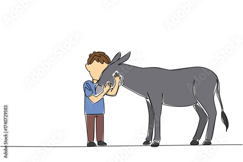 Continuous one line drawing boy hugging donkey. Loving pets. Little shepherd. Care with care. Establishing bonds of friendship. Friendly. World Donkey Day. Single line draw design vector illustration