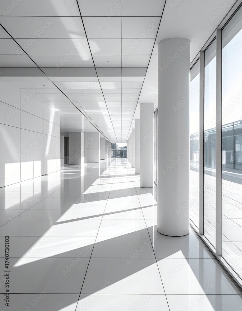 Fototapeta premium Modern architectural interior with clean white walls, tiled floor, glass facade