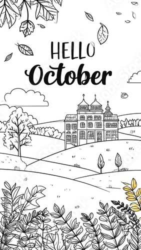 Black and white line art illustration with autumn theme