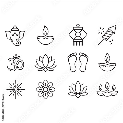 This image is a collection of twelve black and white line icons, arranged in a 3x4 grid. The icons depict symbols commonly associated with Diwali and Indian culture, including Ganesha, diyas, lotus 