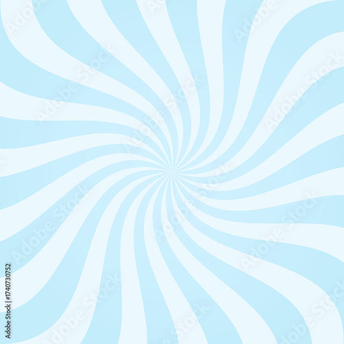 Blue swirl background with radial twist pattern. Soft wavy lines spiraling from center in pastel colors. Dynamic optical illusion effect with candy style curves. Abstract vector illustration.