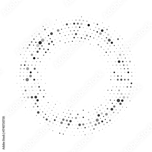 Halftone circle frame with dotted gradient effect. Abstract round border made of random black and gray dots on white background. Minimalist style vector illustration.