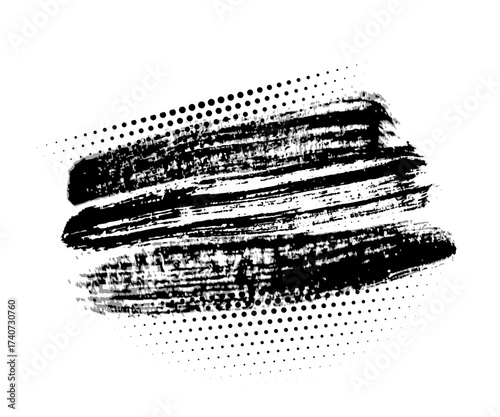 Black brush strokes with grunge texture and halftone dots. Rough ink smears in horizontal layout for banner, poster, or abstract frame. Distressed artistic vector illustration.