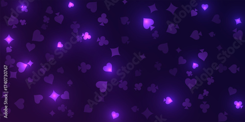 Casino background. Flying purple glowing playing cards on black background. Sparkling hearts, clubs, diamonds and spades on dark. Online gambling concept. VIP abstract vector illustration.