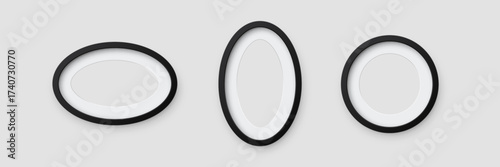 Black round and oval photo frames set. Three empty frames in horizontal, vertical, and circular shapes with soft shadows. Classic wall decor mockup. Realistic vector illustration.