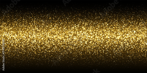 Gold glitter confetti on black. Shiny glowing particles concentrated in horizontal band across center, fading at top and bottom. Elegant festive decoration for luxury themes. Vector illustration.