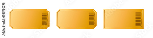 Golden tickets with barcode isolated on white background. Gold coupon, sticker, discount tag mockup. Cinema, theater, concert, party, event invitation entrance. Realistic vector illustrations set.