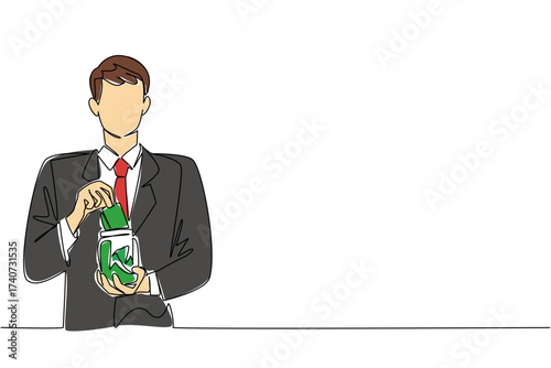 Continuous one line drawing a man in a suit and tie puts banknotes into a jar. Collected and then donated. Sharing. Donate a Wages of Day To Charity Day. Single line draw design vector illustration