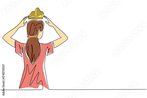 Single continuous line drawing a woman dressed in casual clothes puts a crown on her head for herself. Raise the level with success. Award. Reward Yourself Day. One line design vector illustration