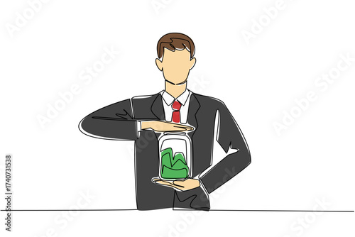 Single continuous line drawing a man in a suit and tie holds a large jar filled with dollar bills. A lot has been collected. Donate a Wages of Day To Charity Day. One line design vector illustration