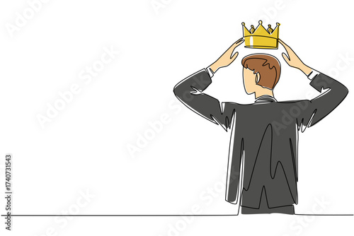 Single one line drawing a man in a suit puts a crown on his head. Pride that will become a beautiful history. A true winner. Success. Reward Yourself Day. Continuous line design graphic illustration