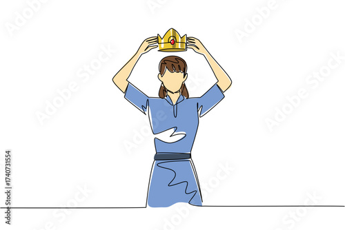Single one line drawing a woman in casual clothes puts a crown on her head for herself. High level narcissism. Excessive self pride. Reward Yourself Day. Continuous line design graphic illustration
