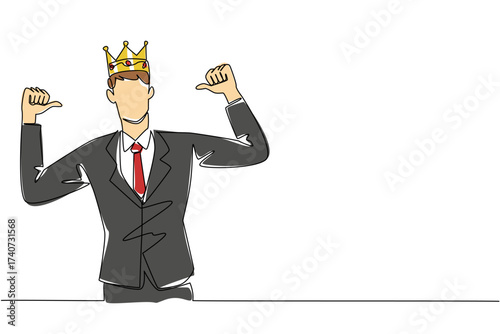 Continuous one line drawing a man in a suit and tie wearing a crown and pointing at himself with both thumbs up. Honorary title. Happy. Reward Yourself Day. Single line draw design vector illustration