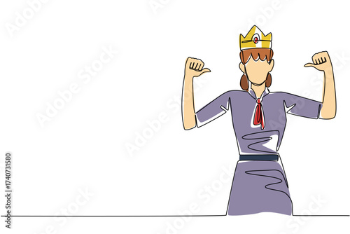 Single continuous line drawing a woman in casual clothes wearing a crown and pointing at herself with both thumbs. High self esteem. Success. Reward Yourself Day. One line design vector illustration