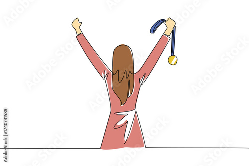Single one line drawing a woman in casual clothes raised both hands and held a medal. Self pride. Sign of fighting to the max. Success. Reward Yourself Day. Continuous line design graphic illustration