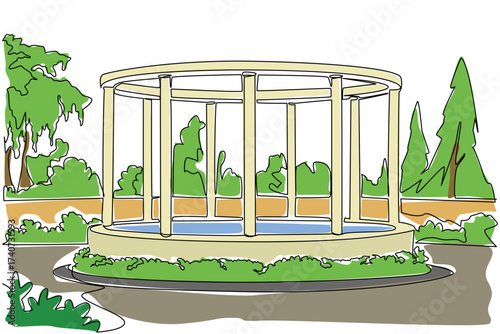 Single one line drawing public garden with paths, pillars and garden circles. The view is like the imperial era. Historical. National Public Gardens Day. Continuous line design graphic illustration