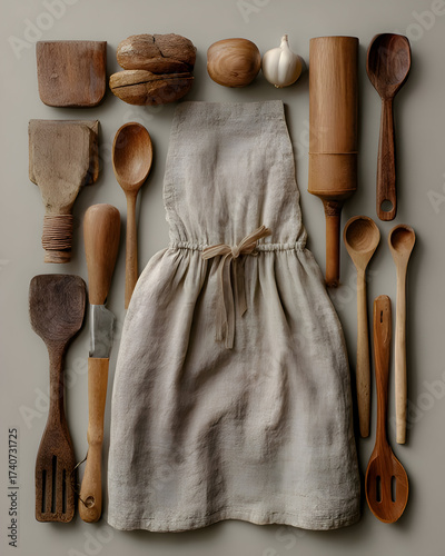 Rustic Kitchen Flat Lay with Linen Apron and Wooden Cooking Utensils