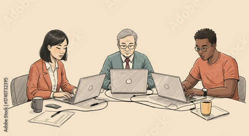 Illustration of a multicultural business team working side-by-side on computers in a collaborative workspace