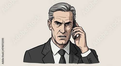 Serious gray-haired businessman in a formal suit making an important phone call, hand-drawn portrait with an intense facial expression