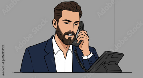 Focused professional businessman on a crucial business call, conducting corporate communication via a desk phone, illustrating dedicated office interaction and client discussion