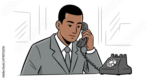 Man in Suit Engaged in a Retro Telephone Conversation, Office Setting Illustration
