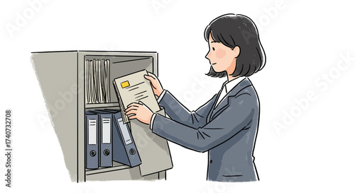 Woman organizing documents in a filing cabinet, professional office work, and administrative tasks