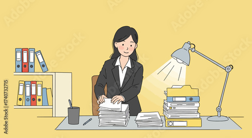 A hardworking businesswoman in a suit diligently organizing a large stack of documents and paperwork at her office desk under a lamp