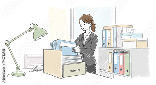 Illustrative image of a woman organizing paperwork and files at her office desk, surrounded by office supplies