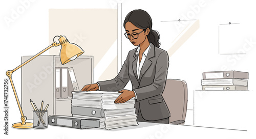 Diligent female professional meticulously organizing a large stack of documents and binders at her modern office desk, symbolizing efficiency and administrative expertise in the workplace