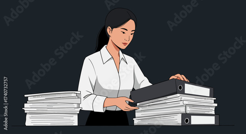 Focused professional woman meticulously organizing documents in a tidy office environment