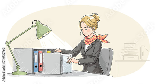 Businesswoman Organizing Office Files Illustration of Woman Working with Documents and Stationary