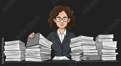 Diligent professional woman overwhelmed by an immense workload of paperwork, symbolizing the challenges of administrative tasks and the demand for efficient business management