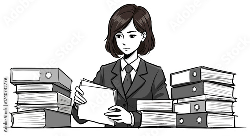A diligent woman in a suit surrounded by stacks of files and binders, meticulously organizing documents, embodying dedication and hard work in a professional setting