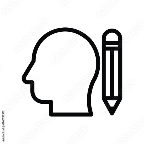 Head with pencil line icon, creative thinking and idea development symbol, simple outline style on white background