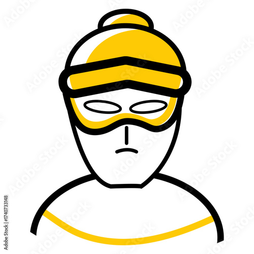 Masked man illustration, thief wearing yellow hat and mask, simple vector drawing of criminal character, minimal hand drawn design representing robbery and disguise concept