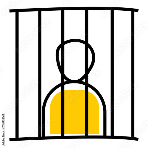 Prisoner behind bars illustration, simple vector drawing of jail inmate in yellow clothes, minimal hand drawn concept of crime, punishment, and justice imprisonment icon