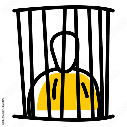 Prisoner behind bars illustration, simple vector drawing of jail inmate in yellow outfit, minimal hand drawn concept of imprisonment, justice, and crime punishment icon