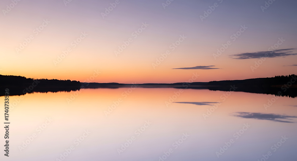 Obraz premium Calm lake reflecting a colorful sunset sky with scattered clouds