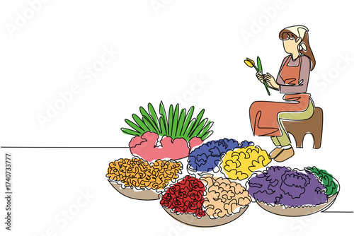 Single continuous line drawing a woman sitting and some baskets containing several types of flowers. Peddling on the roadside. Florist. National Small Business Day. One line design vector illustration