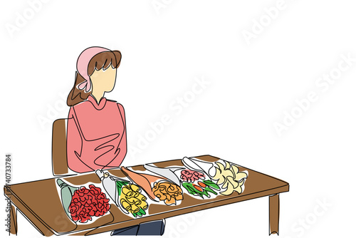 Continuous one line drawing woman sitting and a table with several bouquets of flowers. Waiting for potential buyers to arrive. National Small Business Day. Single line draw design vector illustration