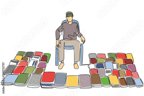 Single continuous line drawing a man sitting on a chair and around him there are various books. Sitting waiting for potential buyers. National Small Business Day. One line design vector illustration